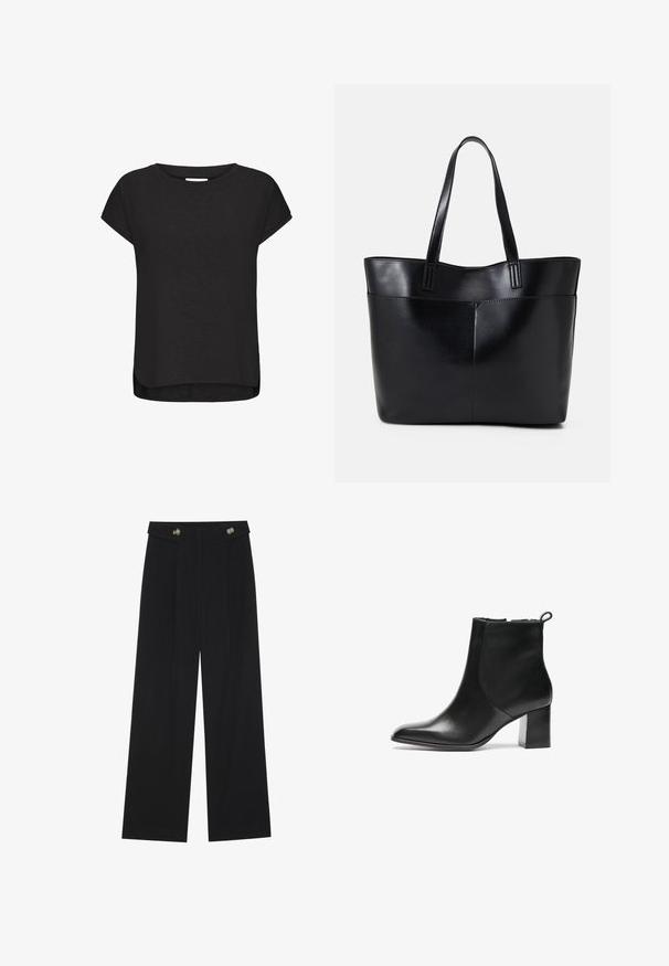 Schwarzes Kurzarm-T-Shirt aus weichem Stoff, mit Rundhalsausschnitt, abgerundetem Saum und leichten seitlichen Schlitzen für mehr Bewegungsfreiheit.; Schwarze weite Hosen mit hoher Taille, Knopfdetails am Bund und vorderen Falten.; Schwarze Leder-Ankle-Boots mit runder Spitze, moderatem Blockabsatz und einer Schlaufe an der Rückseite. Glatte Textur, minimales Design.; Schwarze Leder-Shopper-Tasche mit zwei langen Griffen, einer glatten Textur und einer strukturierten Form. Verfügt über eine Vordertasche für zusätzlichen Stauraum.