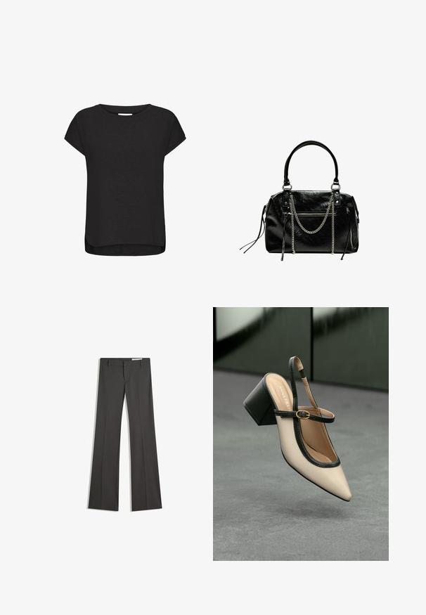 Schwarzes Kurzarm-T-Shirt aus weichem Stoff, mit Rundhalsausschnitt, abgerundetem Saum und leichten seitlichen Schlitzen für mehr Bewegungsfreiheit.; Graue weit ausgestellte Hosen aus einem glatten Stoff, mit flachem Frontbereich, Gürtelschlaufen und einem maßgeschneiderten Design mit klaren Linien.; Beige Slingback-Schuh mit spitzer Zehenpartie, schwarzer Umrandung, goldener Schnalle und dicker Blockabsatz auf grauem Boden vor dunklem grünen Hintergrund.; Bershka WITH CHAIN - Handtasche - black
