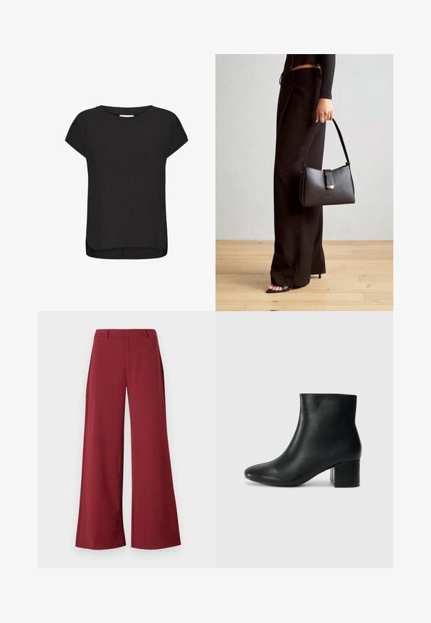 Must värvi lühikeste varrukatega T-särk pehmest kangast, ümarate krae ja kõverate servadega, kergete külgaukudega mugavuse tagamiseks.; Laiad püksid sügavas burgundia värvitoonis. Valmistatud siledast, venivast kangast, millel on kohandatud õmblused ja eesmine tõmblukk.; Mustad nahast pahkluu saapad terava varbaga ja jämeda kandaga. Sile tekstuur minimaalse aktsentidega ja stiilne, lihvitud disain.; Must musta kott, millel on struktureeritud kuju, sile tekstuur ja metallist klamber. Kombineeritud laiate mustade pükstega ja avatud varvaste sandaalidega puidust põrandal.