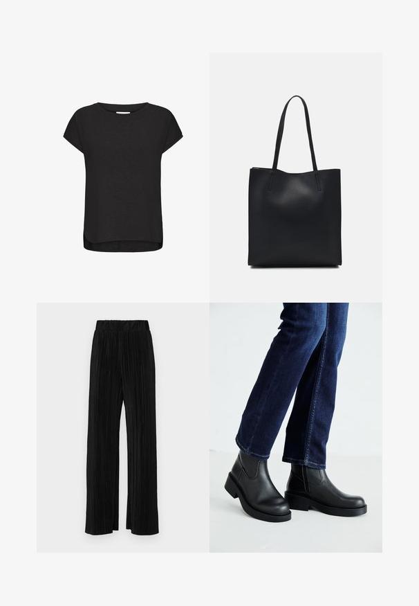 Camiseta negra de manga corta hecha de una tela suave, con un escote redondo, dobladillo curvo y ligeras aberturas laterales para mayor libertad de movimiento.; Pantalones negros de pliegues con una cintura elástica. Presentan piernas anchas y una tela suave y texturada con rayas verticales.; Botas de tobillo de cuero negro con suela gruesa y paneles elásticos laterales, combinadas con jeans azul oscuro. El suelo es de color claro.; Bolso tote de cuero negro con textura lisa, forma rectangular y dos asas largas. Sin herrajes ni adornos visibles.