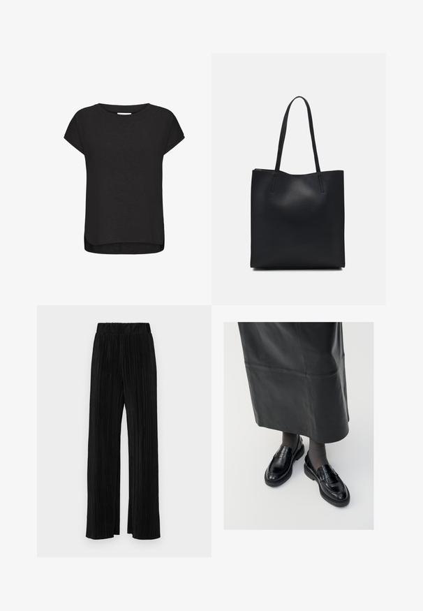 Musta lyhythihainen t-paita, joka on valmistettu pehmeästä kankaasta. Paidassa on pyöreä kaula-aukko, kaareva helma ja kevyet sivuraot liikkumisen helpottamiseksi.; Mustat pleatatut housut, joissa on joustava vyötärö. Ominaisuuksiin kuuluvat leveät lahkeet ja sileä, teksturoitu kangas, jossa on pystysuoria raitoja.; Musta nahka loaferit sileällä pinnalla, jossa on koristeellinen hihna, pyöreä kärki ja teksturoitu pohja. Yhdistetty pitkän mustan nahkahameen kanssa.; Mustapahkainen kangaskassi, jossa on sileä pinta, suorakaiteen muotoinen ja kaksi pitkää kahvaa. Ei näkyvää metalliosaa tai koristeita.