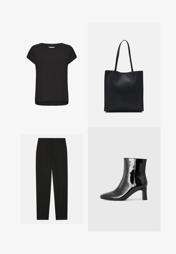 Must värvi lühikeste varrukatega T-särk pehmest kangast, ümarate krae ja kõverate servadega, kergete külgaukudega mugavuse tagamiseks.; Mustad püksid, millel on kohandatud disain, küljetaskud ja sirge sääreosa. Valmistatud sileda, kerge kangaga, millel on peen viimistlus.; Must-sinine nahkjalats musta läikiva viimistlusega, millel on terav nina ja keskmise kõrgusega plokk konts. Sile tekstuur ja minimalistik disain.; Mustast nahast kott sujuva tekstuuriga, ristkülikukujuline ja kahe pika sangaga. Pole nähtavat riistvara ega kaunistusi.