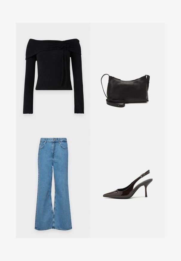 Top preto com decote à mostra, de mangas longas, apresentando um detalhe de laço no pescoço e uma silhueta ajustada. Tecido liso e elástico.; Jeans de brim azuis claros, com corte à boca de sino, apresentando uma cintura alta, cinco bolsos e um fecho de botão único. Textura macia com acabamento desbotado.; Sapato de salto alto tipo slingback em verniz castanho escuro brilhante, com bico apontado, laterais abertas e tira ajustável ao tornozelo.; Bolsa de ombro em pele preta com textura suave, forma curva, alça ajustável e fecho com zip. Design minimalista sem adornos.