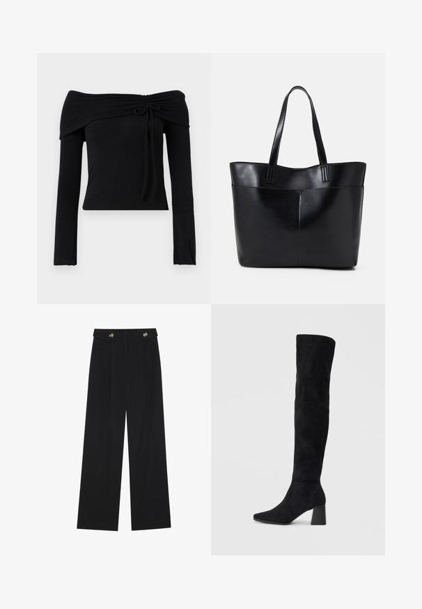 Črna majica brez naramnic z dolgimi rokavi, ki ima detajl s trakom na ovratniku in prilegnjen silhuet. Gladek, raztegljiv material.; Črne široke hlače s visokim pasom, gumbnimi detajli na pasu in sprednjimi gubami.; Črne semiš škornje do kolen z blok peto, s koničastim nosom in gladkim, brezšivnim dizajnom na enostavni svetli podlagi.; Črna usnjena torba z dvema dolgima ročajema, gladko teksturo in strukturirano obliko. Ima sprednji žep za dodatno shranjevanje.