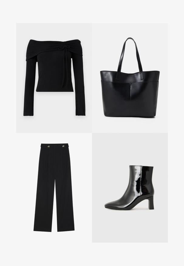 Must värvitud õlgadelt avatud topp, pikkade varrukatega, kaelas sõlmepätiga ja keha lähedal istuva siluetiga. Sile, veniv kanga materjal.; Mustad laiad püksid kõrge vöökoha ja nööpdetailidega vööandil, esikortsudega.; Must-sinine nahkjalats musta läikiva viimistlusega, millel on terav nina ja keskmise kõrgusega plokk konts. Sile tekstuur ja minimalistik disain.; Must mustaga musta nahast, millel on kaks pikka kanda, sile tekstuur ja struktureeritud kuju. Esipoolsel on lisakoti jaoks tasku.