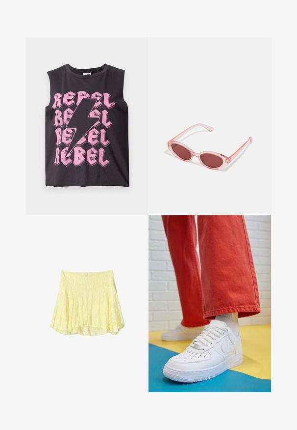 Top senza maniche in cotone nero con testo ripetuto "REBEL" in rosa e un grafiche a fulmine rosa al centro. Texture liscia.; Gonna a campana gialla realizzata in tessuto testurizzato, con un design a strati e un orlo leggermente irregolare. Aspetto leggero e arioso.; Sneaker bianco in pelle con punta perforata, suola testurizzata e lacci bianchi, abbinati a pantaloni rossi larghi e uno sfondo blu e giallo.; Occhiali da sole rosa trasparenti con lenti ovali, tonalità rosso scuro e bracci sottili, dotati di una finitura liscia e dettagli sottili sulla montatura.
