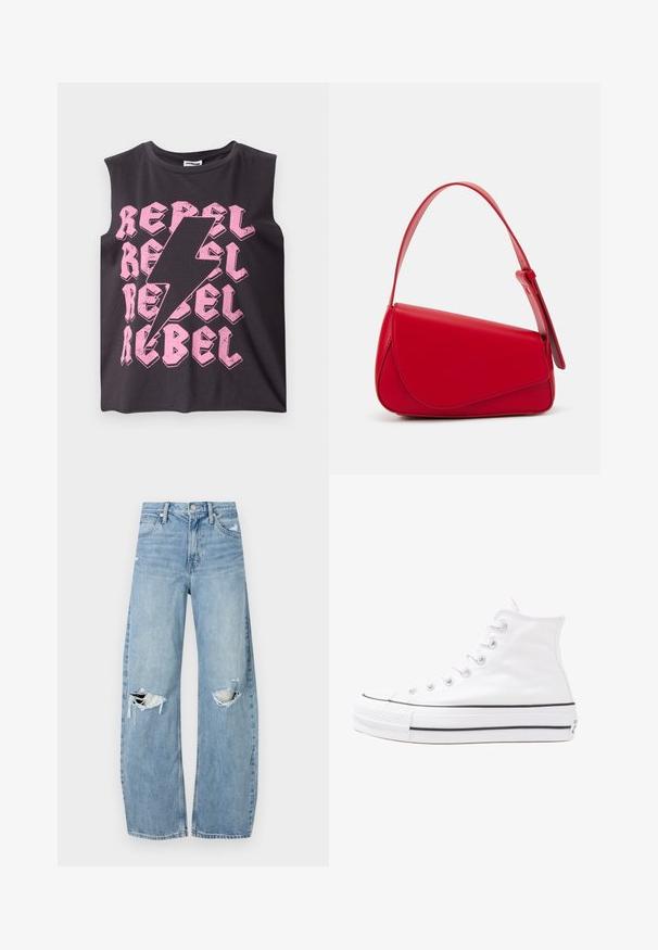 Fekete ujjatlan pamut felső, amelyen ismétlődő rózsaszín "REBEL" felirat és középen egy rózsaszín villámgrafika található. Simaszerű textúra.; Világoskék, magas derekú farmernadrág. Széles lábakkal, két szakadt térddel és klasszikus öt zsebes dizájnnal rendelkezik.; Fehér magaskorsó vászon sportcipő fekete gumi talppal, elülső gumi orrnyereggel és hat fűzőlyukkal, letisztult, minimalista dizájnnal.; Piros bőr kézitáska szögletes, geometrikus kialakítással. Egy állítható pánttal és varrott részletekkel ellátott fedélzárral rendelkezik.