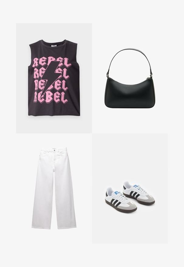 Črna brezrokavna bombažna majica z ponovljenim roza napisom "REBEL" in roza grafiko strele na sredini. Gladka tekstura.; Bele široke jeans hlače iz denima. Imajo gumbasto zapiranje, sprednje in zadnje žepe ter šivane šive. Gladka tekstura z minimalnimi detajli.; Športni čevlji z belim usnjenim zgornjim delom, sivim semišem na prstih in tremi črnimi črtami. Imajo modro logo na jeziku in teksturiran gumijast podplat.; Črna usnjena torba za ramo s ukrivljeno obliko, enojnim ravnim trakom in zgornjim zadrgo. Gladka tekstura z minimalnimi podrobnostmi snemalnikov.