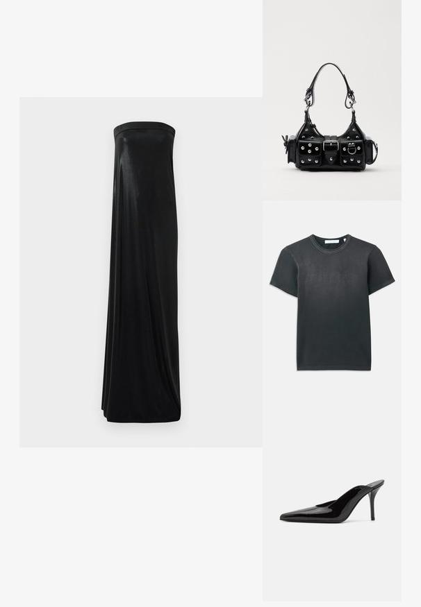 T-shirt preta de algodão com mangas curtas, apresentando um decote redondo canelado e o logo em relevo "HELMUT LANG" na parte da frente. Textura suave.; Vestido maxi preto sem alças feito de um tecido liso e brilhante. Possui um corpete ajustado e uma silhueta fluida, alcançando o chão sem adornos.; Mule de salto alto em couro envernizado preto com ponta fina e uma silhueta elegante, apresentando um calcanhar aberto e um salto stiletto esbelto.; Bolsa de couro preta com um design curvado, apresentando tachas prateadas, uma fivela e dois bolsos laterais. Alça ajustável para opções de transporte.