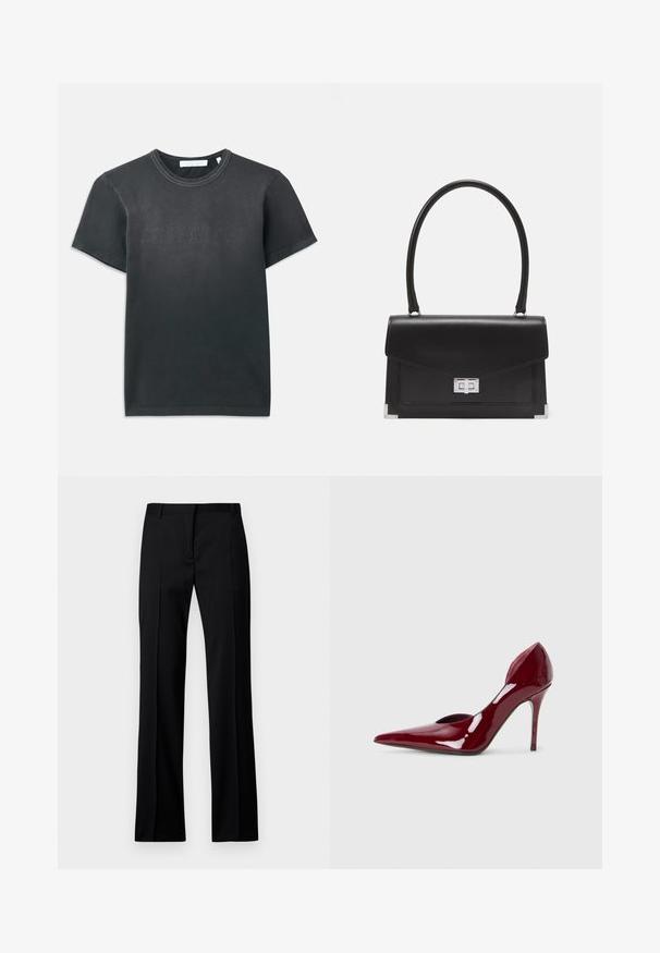 Black cotton t-shirt with short sleeves, featuring a ribbed crew neckline and embossed "HELMUT LANG" logo on the front. Smooth texture.; Black straight-leg trousers in smooth fabric, featuring a flat front, belt loops, and no visible pockets or embellishments.; Red patent leather high-heeled pump with a pointed toe and cutout sides, featuring a sleek stiletto heel. Smooth, glossy finish.; Black leather handbag with a structured design, a top handle, and a silver clasp. Features corner accents and smooth texture.