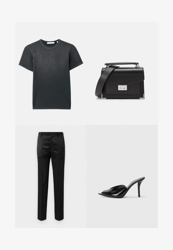 Camiseta de algodón negra de manga corta, con cuello redondo acanalado y logo en relieve "HELMUT LANG" en el frente. Textura suave.; Pantalones negros ajustados con perneras rectas y una cinturilla con presillas para cinturón, que presentan una mezcla de paneles de tejido mate y brillante.; Zuecos de tacón alto de cuero negro con punta abierta, diseño puntiagudo, textura suave y un delgado tacón de aguja.; Bolso de cuero negro con herrajes plateados, diseño estructurado, cierre magnético y una correa de hombro desmontable. Acentos texturizados en las esquinas.