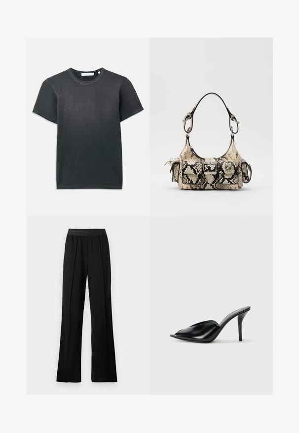 Black cotton t-shirt with short sleeves, featuring a ribbed crew neckline and embossed "HELMUT LANG" logo on the front. Smooth texture.; Black wide-leg pants made of smooth fabric with a stretchy waistband. Features pleats for added volume and flow, with no visible patterns or accents.; Black leather high-heeled mules with an open toe, pointed design, smooth texture, and a slim stiletto heel.; Python-print handbag in beige and black, featuring a structured shape, buckle detail, and dual shoulder straps. Textured surface.