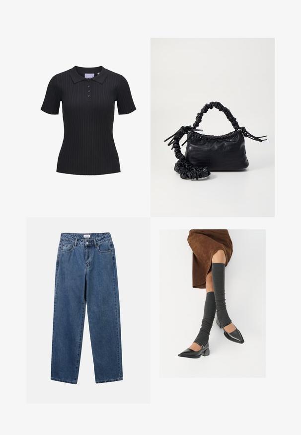 Melns ribots polo krekls ar īsām piedurknēm, ar apkakli un piecu pogu aizdari. Izgatavots no teksturēta auduma.; Klasiskie zili džinsi ar taisnu kāju dizainu, pieciem kabatām un pogu aizdari. Iezīmējas ar vidēju mazgāšanu un izturīgu tekstūru.; Melnas laka ādas apavi ar norādītu purngalu, blokveida papēdi un potīšu jostu, saskaņoti ar pelēkām ribotām kāju sildītājām un brūnu zamšādas svārku.; Melnā mākslīgās ādas rokassoma ar krokodila rakstu, savilkta augšdaļa un saburzīta siksna. Izskatās mīksta un kompakta pēc dizaina.