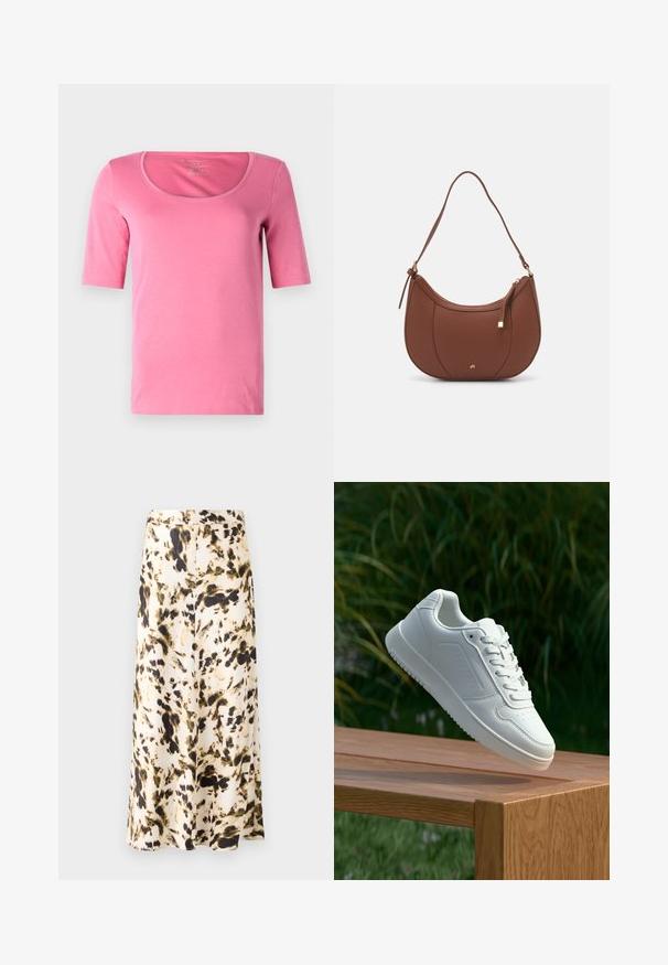Růžové tričko s krátkým rukávem a kulatým výstřihem, hladkým povrchem, s přiléhavým střihem a bez viditelných vzorů nebo akcentů.; Sukně ke kolenům z lehkého materiálu s abstraktním vzorem v béžové, hnědé a zelené. Má přiléhavý pás a splývavý design.; Bílé tenisky s hladkým syntetickým svrškem, perforovanou špičkou, plochými tkaničkami a texturovanou podrážkou, vystavené na dřevěném povrchu.; Hnědá kabelka přes rameno z umělé kůže s zakřiveným tvarem, minimálním prošíváním a zlatým kovovým akcentem. Disponuje vrchním zipovým uzavíráním a nastavitelným popruhem.