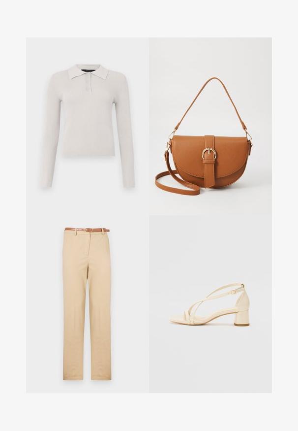 Polo à manches longues gris clair avec une texture côtelée, patte de boutonnage à deux boutons et col classique. Tissu doux avec une coupe ajustée.; Chinos beiges en tissu léger, avec une coupe droite, des poches latérales et une ceinture en cuir marron avec une boucle rectangulaire.; Sandales à talons beiges avec un talon bloc, un design entrecroisé et une bride de cheville réglable, fabriquées en matériau synthétique lisse avec une finition mate.; Sac bandoulière en cuir marron avec une forme incurvée, quincaillerie dorée et un accent en boucle. Comprend une bandoulière détachable.