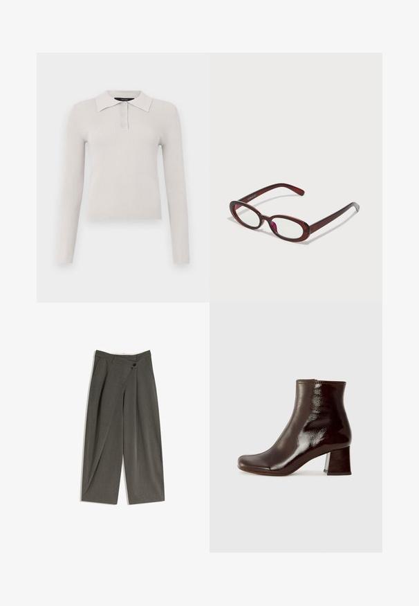 Lys grå langærmet polo med ribbet tekstur, to-knaps placket og klassisk krave. Blødt stof med en tætsiddende pasform.; Breddebenede bukser i et mørkegråt stof. Har flad front, sidelommer og en enkelt knaplukning. Glat tekstur, skræddersyet pasform.; Chie Mihara MUKI - Støvletter m/ kilehæl - sucre choco; Ovale røde solbriller med klare linser og slanke brune stel. Designet har subtile kurver og minimalt hardware.