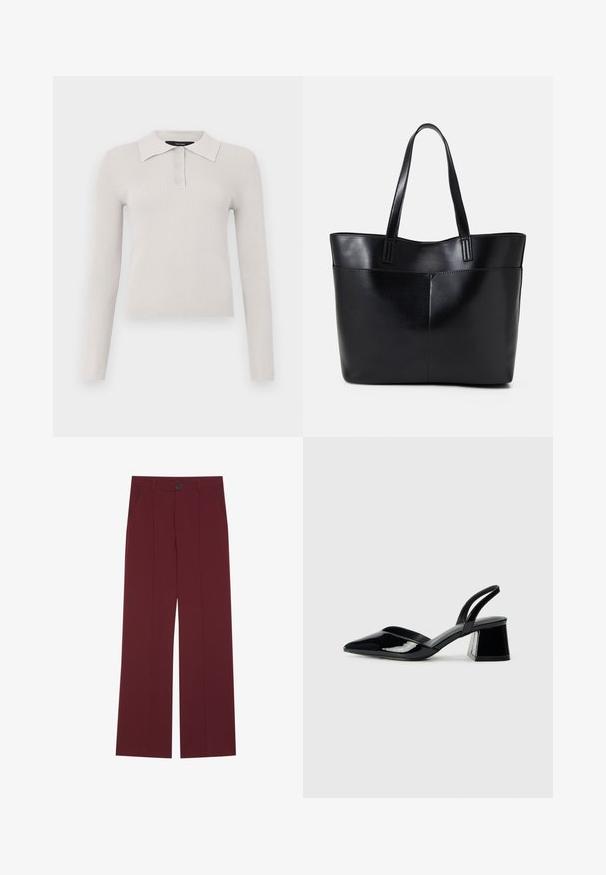 Helles graues Langarm-Polo-Shirt mit gerippter Textur, Zwei-Knopf-Leiste und klassischem Kragen. Weicher Stoff mit taillierter Passform.; Bordeauxfarbene Hose mit weitem Bein, ausgestattet mit einem Knopfverschluss, zwei seitlichen Taschen und Falten auf der Vorderseite. Glatte Stoffoberfläche.; Schwarze Lackleder-Slingback-High Heels mit spitzem Schuh und einem geometrischen Blockabsatz. Verfügt über ein schlankes, minimalistisches Design und eine glatte Textur.; Schwarze Leder-Shopper-Tasche mit zwei langen Griffen, einer glatten Textur und einer strukturierten Form. Verfügt über eine Vordertasche für zusätzlichen Stauraum.