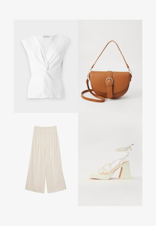 Weißes Oberteil mit einem gedrehten Frontdesign, kurzen Ärmeln und glatter Textur. Mit einem subtilen V-Ausschnitt und gerafftem Detail an der Taille.; Leinen-Hose mit weitem Bein in einem hellbeigen Farbton, ausgestattet mit einem plissierten Design und einem elastischen Bund für Komfort und angenehmen Tragekomfort.; Weiße High-Heel-Sandale mit einem klobigen Absatz, die über ein Riemchendesign und ein Knöchelband verfügt. Glatte Textur mit einer Plattform vorne für zusätzliche Höhe.; Braune Leder-Crossbody-Tasche mit geschwungener Form, goldfarbenen Beschlägen und einer Schnallenakzentuierung. Verfügt über einen abnehmbaren Schultergurt.