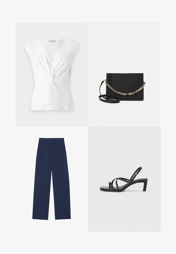 White top with a twist front design, cap sleeves, and smooth texture. Features a subtle V-neckline and gathered detail at the waist.; Navy blue wide-leg pants made of soft fabric, featuring front pleats, a smooth texture, and a straight fit with no visible pockets.; Black strappy sandal with a square toe and a low block heel. Features multiple thin straps and an adjustable ankle strap. Made of smooth leather.; Black leather crossbody bag featuring a smooth texture, rectangular shape, and a metallic chain detail on the front. Adjustable strap included.