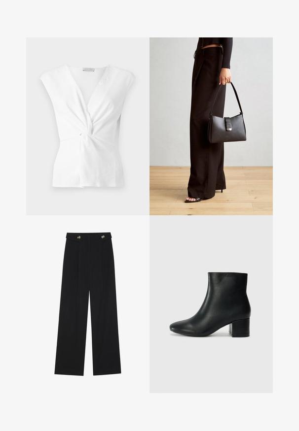 Bijela majica s dizajnom uvrnutog prednjeg dijela, kratkim rukavima i glatkom teksturom. Ima suptilan V-izrez i nabrani detalj u struku.; Crne hlače širokih nogavica s visokim strukom, s dugmadi na pojasu i prednjim nabora.; Crne kožne čizme do članaka s uskim vrhom i debelim potplatom. Glatka tekstura s minimalnim detaljima i elegantan, prilagođen dizajn.; Crna torba s oblikom koji sadrži strukturu, glađu teksturu i metalnu kopču. Uparena s širokim crnim hlačama i sandalama na otvorenom s drvenog poda.