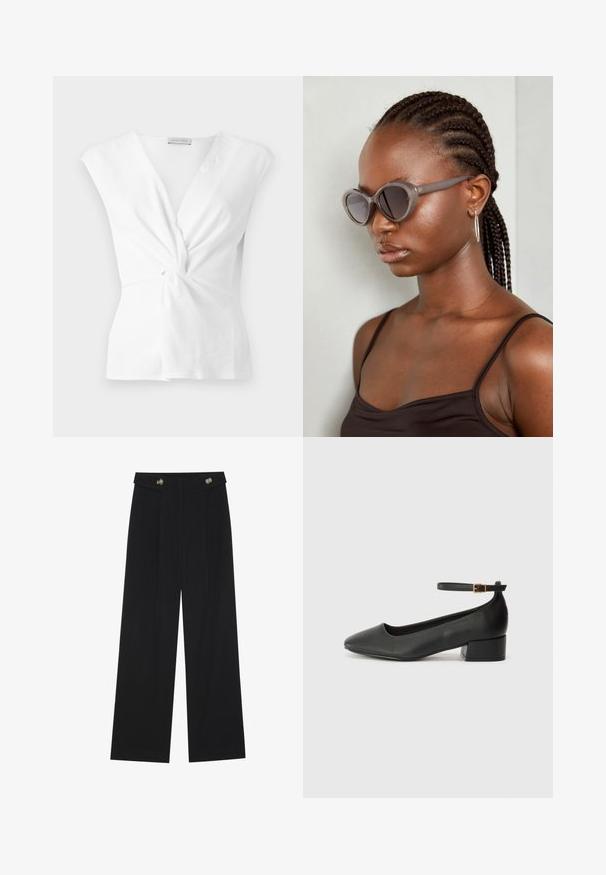 White top with a twist front design, cap sleeves, and smooth texture. Features a subtle V-neckline and gathered detail at the waist.; Black wide-leg trousers with high waist, button details on waistband, and front pleats.; Black leather pump with a pointed toe and a low block heel. Features an ankle strap with a gold-tone buckle. Smooth texture.; Gray oversized sunglasses with a rounded shape and dark lenses. Sleek plastic frame with a smooth finish. Model has braided hair.
