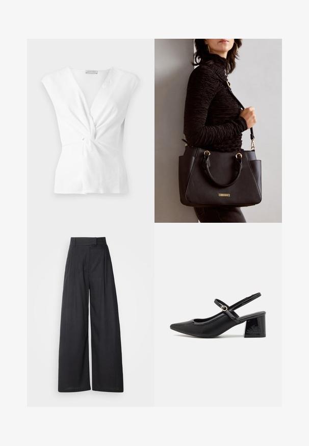 Valkoinen paita, jossa on vääntynyt etuosa, hihattomat hihansuut ja sileä pinta. Siinä on hienovarainen V-pääntie ja rypytysvyötäröllä.; Tumma, leveälahkeiset housut, joissa on rakenteellinen vyötärö ja laskokset. Valmistettu kevyestä kankaasta, jolla on sileä pinta ja ei näkyviä kuvioita.; Musta lakattu nahka slingback-korkokengät, joissa on terävä kärki, pyöreä aukko-muotoilu ja lohkokorko. Varustettu kultasävyisellä solkiyksityiskohdalla.; Musta käsilaukku, jossa on teksturoitu pinta, kaksi yläkantta ja säädettävä olkahihna. Varustettu kultasävyisillä varusteilla ja sivutaskuilla.