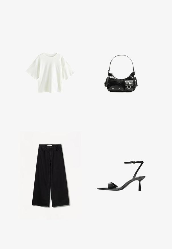 Lichte, korte mouwen witte t-shirt gemaakt van katoen. Beschikt over een comfortabele pasvorm met een ronde halslijn en verlaagde schoudernaden.; Bershka WIDE-LEG - Wide leg - black; Bershka Sandalen met hoge hak - black; Zwarte laarzen in lakleer met een gebogen vorm, één schouderband, voorvakken en accenten in zilverkleurig metaal.