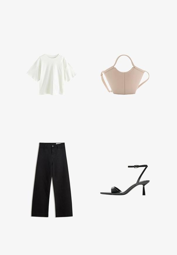 T-shirt bianco leggero e a maniche corte, realizzato in cotone. Presenta una vestibilità comoda, con scollo rotondo e cuciture delle spalle abbassate.; Pantaloni in denim neri a gamba larga con vita alta, dotati di tasche anteriori e posteriori, cuciture a punto, e chiusura con bottone. Texture liscia.; Bershka Sandali con tacco - black; Borsa in pelle beige con una forma unica, caratterizzata da due manici corti e una lunga tracolla regolabile. Texture liscia con hardware minimale.