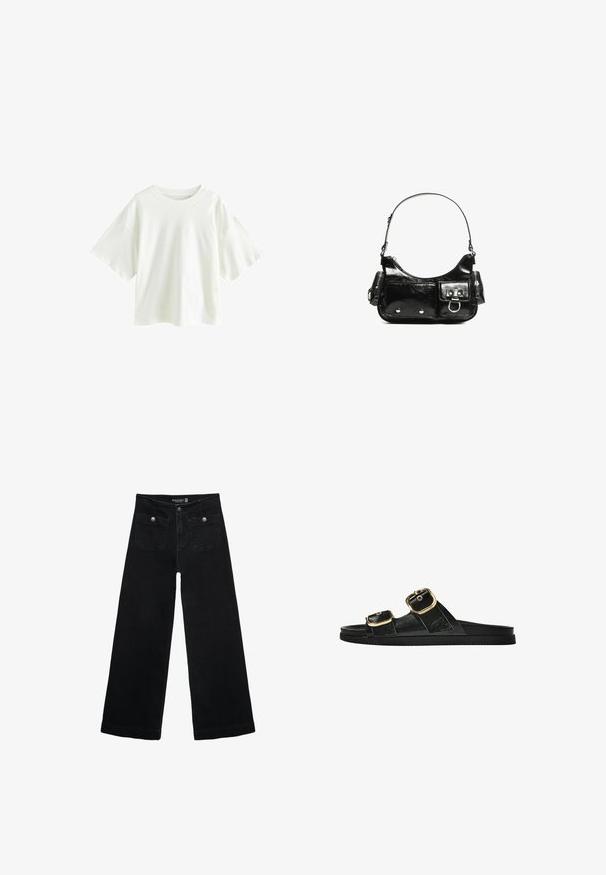 Lichte, korte mouwen witte t-shirt gemaakt van katoen. Beschikt over een comfortabele pasvorm met een ronde halslijn en verlaagde schoudernaden.; Zwarte wijdpijpjans met een hoge taille, voorzien van twee voorzakken en metalen knoopaccenten. De stof heeft een gladde textuur.; Zwarte slipper met twee gouden gesps, gladde textuur, platte zool en een minimalistisch ontwerp.; Zwarte laarzen in lakleer met een gebogen vorm, één schouderband, voorvakken en accenten in zilverkleurig metaal.