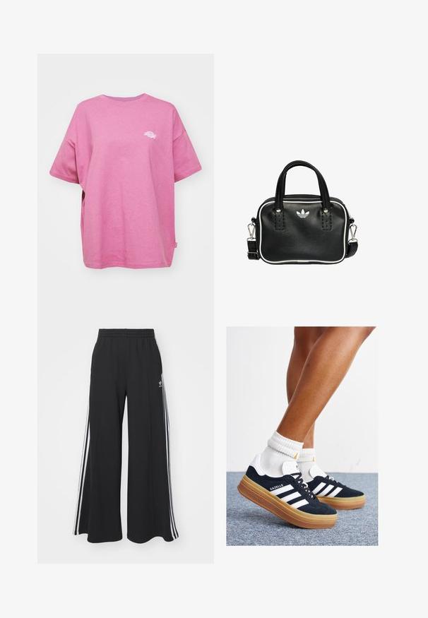 Dickies SUMMERDALE TEE - Basic T-shirt - mellow mauve; Black wide-leg sweatpants with an elastic waistband, featuring white side stripes and an embroidered logo on the left thigh.; Black suede sneakers with white stripes and accents, rounded toe, gum rubber outsole, paired with white ribbed crew socks.; Black leather handbag with two short handles, silver hardware, white accents, and a white logo. Features a textured surface and compact design.