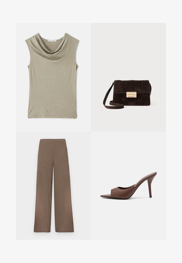 Cowl neck sleeveless top in light beige fabric. Soft texture, fitted design, with smooth draping at the neckline and straight hemline.; Wide-leg brown trousers with flat waistband, no visible pockets or fastenings, displayed on a white background.; Brown leather open-toe high-heeled mules with a sleek design, featuring a wide front strap and a slender stiletto heel.; Brown suede handbag featuring a quilted design, rectangular shape, gold-tone hardware, and an adjustable shoulder strap.; Pair of irregular oval-shaped gold-toned metal earrings with a textured, slightly hammered surface on a white background.
