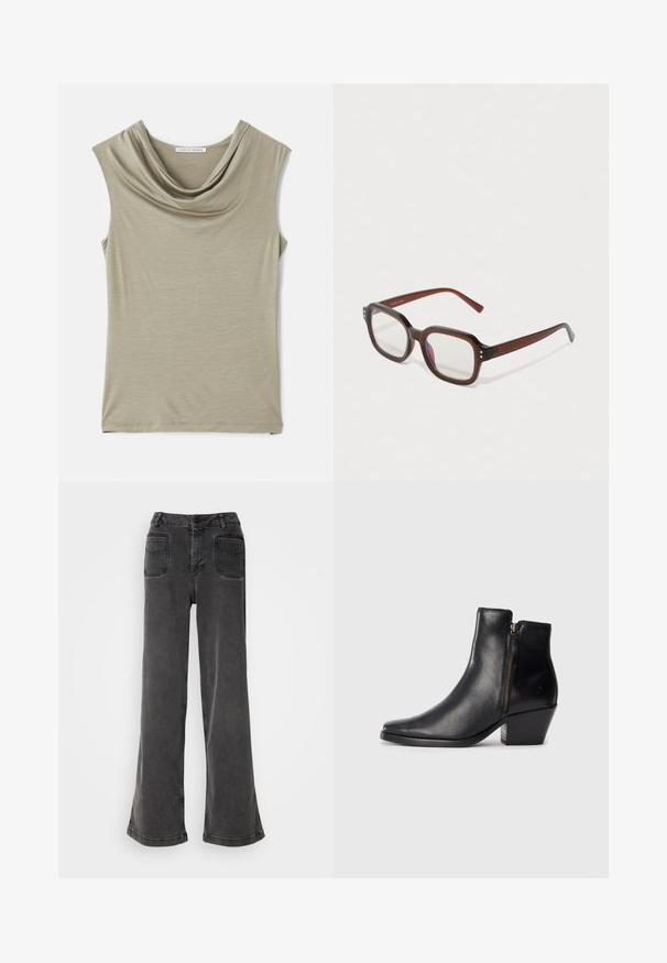 Hát nélküli, világos bézs színű cowl nyakú felső. Puha tapintás, karcsú fazon, sima redőzéssel a nyakrészen és egyenes aljjal.; Magas derekú, bő szárú fekete farmernadrág, gombos cipzárral, övbújtatókkal és két hátsó zsebbel, amelyeket varrott díszítések díszítenek.; Fekete bőr bokacsizma hegyes orral, oldalsó cipzárral és vastag sarokkal. Sima felület és minimalista dizájn.; Barna, áttetsző, téglalap alakú szemüveg, tiszta lencsékkel, enyhe lila tükröződéssel, és apró arany díszítő pöttyökkel az elülső sarkokban.; Ezüst karika fülbevalók sima, fényes felülettel. Kerek forma, enyhén ívelt dizájnnal és összemosott szélekkel. Rögzítő csattal.