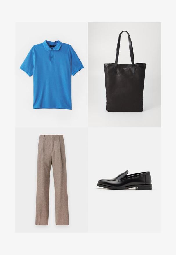 Zils polo krekls, izgatavots no mīkstas auduma. Ar klasisku apkakli, trīs pogu aizdari un mazu logotipu uz krūškurvja.; Brūni, augstos šortos izgatavoti no teksturēta auduma. Iezīmē plašas kājas un divas priekšējās krokas, kas nodrošina struktūru. Kārtīga apdare bez redzamām detaļām.; Melnas ādas kurpes ar gludu tekstūru, noapaļu purngalu un dekoratīvu siksniņu pāri priekšpusei. Zems sakrauts papēdis, minimālisma dizains.; Melnas auduma iepirkumu soma ar melnām ādas rokturiem. Vienkāršs dizains, plaša forma un gluda tekstūra. Nav redzamu logo vai rakstu.
