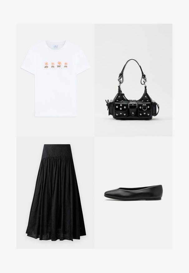 Bílá bavlněná trička s barevným květinovým potiskem obsahujícím růžové květy a zelené stonky. Kulatý výstřih a krátké rukávy.; Černá maxi sukně vyrobená z bavlny s vyšitým páskem. Obsahuje nařasenou látku a detailní oka podél lemu.; Paul Smith TOPANGA - Klasické baleríny - black; Černá kožená kabelka s křivkovým designem, zdobená stříbrnými hřebíky, s přezkou a dvěma bočními kapsami. Nastavitelný popruh pro různé možnosti nošení.