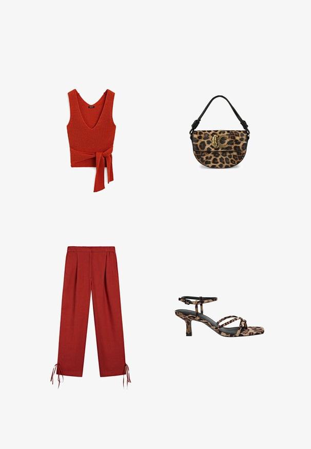 Rode gebreide tanktop met een diepe V-hals en een strik taille, voorzien van een gestructureerd oppervlak en brede banden.; Rode wijde broek met elastische tailleband en drawstring bij de zoom, gemaakt van lichte stof.; Luipaardprint hakken met een vierkante neus, meerdere bandjes en een middelhoge hak. Gemaakt van zacht textielmateriaal.; Tasje met luipaardpatroon en een zwart leren handvat, voorzien van een goudkleurig logo-accent. Getextureerde stof en ronde vorm.