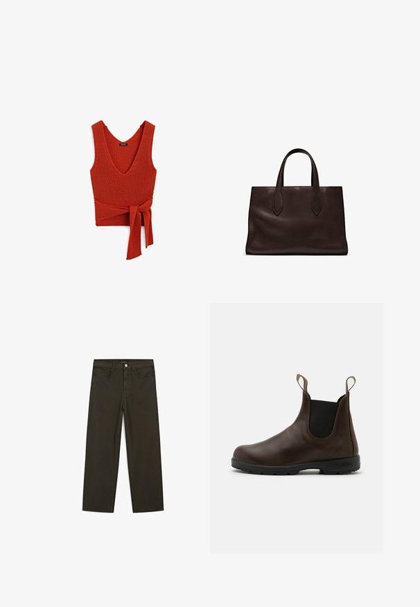 Top in maglia rossa senza maniche con scollatura a V profonda e vita legata, caratterizzato da una superficie testurizzata e bretelle larghe.; Jeans a gamba larga di colore verde scuro, realizzati in tessuto misto cotone, dotati di chiusura con bottone frontale, cinque tasche e cuciture classiche in denim.; Stivale alla caviglia in pelle marrone con pannelli laterali elasticizzati, linguette di trazione e suola in gomma testurizzata. Caratterizzato da un design elegante con punta arrotondata.; Borsa a spalla in pelle marrone con due manici lunghi, forma rettangolare strutturata, texture liscia e dettagli di cucitura sottili.