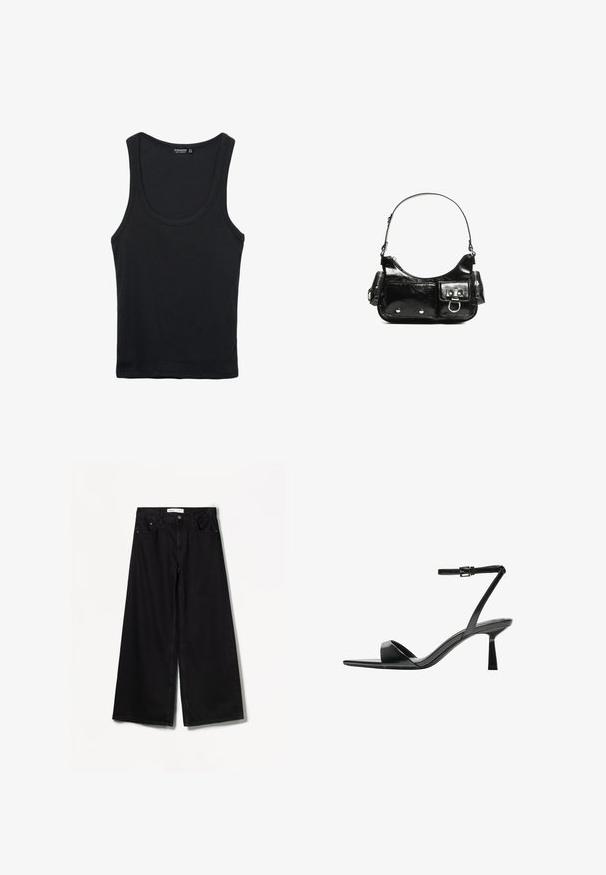 Zwarte katoenen tanktop met een ronde halslijn en brede schouderbanden. Beschikt over een gladde textuur en een klassieke, getailleerde pasvorm.; Bershka WIDE-LEG - Wide leg - black; Bershka Sandalen met hoge hak - black; Zwarte laarzen in lakleer met een gebogen vorm, één schouderband, voorvakken en accenten in zilverkleurig metaal.