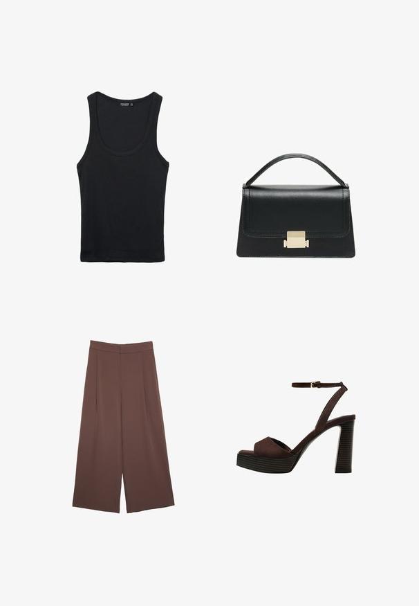 Schwarzes Baumwoll-Tanktop mit rundem Ausschnitt und breiten Schulterträgern. Verfügt über eine glatte Textur und ein klassisches, figurnahes Design.; Braune Weite-Leg-Hosen mit einer glatten Textur, hoher Taille und Vorderfalten. Der Stoff ist leicht und fällt locker.; Braune Wildleder-Pumps mit offenem Zeh, verstellbarem Knöchelriemen und gestreiftem Plateausohlen.; Schwarze Lederhandtasche mit strukturiertem Design, oberem Griff und einem goldenen Metallschnappverschluss auf der Vorderseite. Glatte Textur, minimale Nähte.