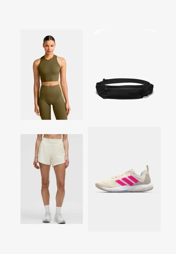 On MOVEMENT CROP - Top - hunter; Șorturi sportive de culoare crem, cu un brâu elastic și buzunare laterale. Materialul pare neted și ușor, potrivit pentru îmbrăcăminte activă.; Pantof de sport bej cu logo în trei dungi roz, superior din plasă texturată, guler căptușit și talpă din cauciuc alb, având marca "LIGHTSTRIKE".; Borseta din material textil negru, cu un buzunar cu fermoar, curea ajustabilă și textură netedă, concepută pentru confort și comoditate.