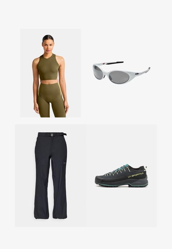 On MOVEMENT CROP - Top - hunter; Zwarte outdoorbroek van lichtgewicht stof, met een verstelbare tailleband met riem en twee voorzakken. Ontworpen voor comfort en functionaliteit.; Zwarte wandelschoen met teal en gele accenten. Beschikt over een gestructureerde bovenkant, een gevoerde zool en een duurzame rubberen buitenzool voor grip.; Witte kunststof zonnebril met grote ovale lenzen, grijs getint. Voorzien van zwarte oorsteunen en een klein logo op het montuur. Gladde afwerking.; Olijfgroene, duurzame nylon draagtas met een gestructureerd oppervlak, voorzien van een rits bovenaan, contrasterende gele accenten en gevlochten handvatten.