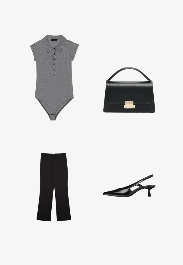 Gestreifter Einteiler in Schwarz und Weiß mit einem kragenförmigen Ausschnitt, kurzen, angeschnittenen Ärmeln und einer fünfknöpfigen Blende. Glatte Jersey-Textur.; Schwarze Hose mit geradem Schnitt, ausgestattet mit Fronttaschen und Seitenschlitzen am Saum. Hergestellt aus weichem, glattem Stoff. Geeignet für verschiedene Anlässe.; Schwarze Lackleder-Slingback-High Heels mit spitzer Zehenform, ausgeschnittenem Seitendesign und kleinem Blockabsatz. Glatte Textur mit minimalen Akzenten.; Schwarze Lederhandtasche mit strukturiertem Design, oberem Griff und einem goldenen Metallschnappverschluss auf der Vorderseite. Glatte Textur, minimale Nähte.