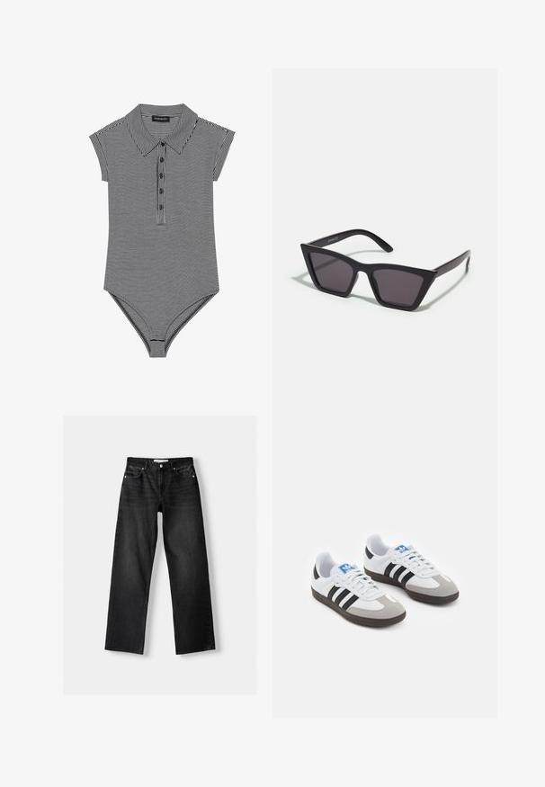 Zwart-wit gestreepte body met een kraag, korte kapmouwen en een vijfknopenlijst. Soepele jersey textuur.; Bershka Straight leg jeans - mottled dark grey; Sportschoenen met een witte leren bovenkant, grijze suède neus en drie zwarte strepen. Bevat een blauw logo op de tong en een gestructureerde rubberen zool.; Zwarte, hoekige zonnebril met grijze lenzen; gemaakt van plastic, met dikke armen met een gladde oppervlakte en zonder zichtbare hardware.