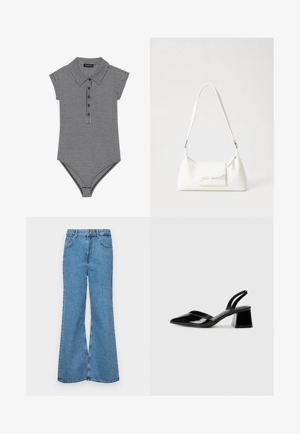 Body străin cu dungi alb-negru, cu guler și mâneci scurte tip capac, și sistem de prindere cu cinci nasturi. Textură de jerseu neted.; Jeanși evazați de culoare albastru deschis, din denim, cu talie înaltă, cinci buzunare și închidere cu un singur buton. Textură moale cu un finisaj decolorat.; Pantofi cu toc slingback din piele lacuită neagră, cu vârf ascuțit și toc geometric. Prezintă un design elegant, minimalist și o textură netedă.; Geantă sintetică albă, cu formă triangulară, capac frontal plat și detaliu cu fundă, curea ajustabilă, textură netedă și design minimalist.