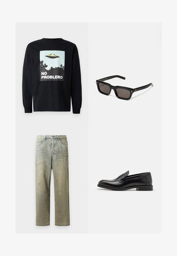 Melnas garām piedurknēm t-krekls ar grafiku, kurā attēlots lidojošais šķīvītis pār kokiem un uzraksts "NO PROBLEMO" treknās baltās burtos.; Izsistās džinsās gaisā zaļā krāsā, ar taisnu kāju, piecu kabatu dizainu un nevienmērīgu izbalēšanu, kā arī krāsas šļakatas.; Melnas ādas kurpes ar gludu tekstūru, noapaļu purngalu un dekoratīvu siksniņu pāri priekšpusei. Zems sakrauts papēdis, minimālisma dizains.; Melnas taisnstūra formas saulesbrilles ar tumšiem stikliem, bieza plastmasas rāmja, zelta akcenti pie tempļiem un zīmola logo iegravēts roku daļā.