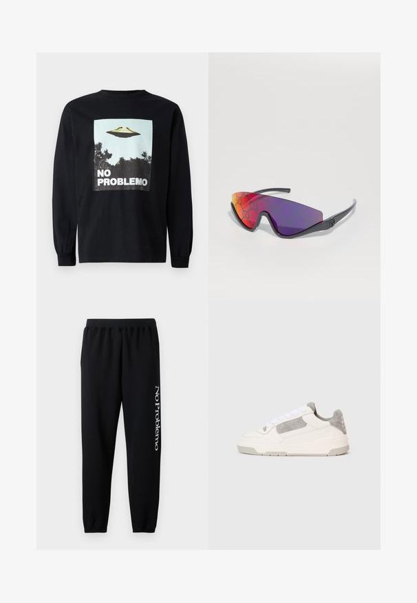 Schwarzes Langarm-T-Shirt mit einem Grafikmotiv eines fliegenden Untertellers über Bäumen und dem Text "NO PROBLEMO" in fetten weißen Buchstaben.; Schwarze Sweatpants mit elastischem Bund, schmal zulaufenden Knöcheln und weißem "No Problemo"-Text, der auf dem linken Bein aufgedruckt ist. Weiches Baumwollmaterial.; Weiße und hellgraue Low-Top-Sneaker mit weißen Schnürsenkeln und Wildleder-Akzenten, von der Seite auf einem schlichten hellen Hintergrund abgebildet.; Sonnenbrille mit schwarzem, schlankem Rahmen, Verlaufslinsen von lila nach orange, versehen mit einem grünen, sich wiederholenden Logo-Muster. Winkliges Design und dünne Bügel.