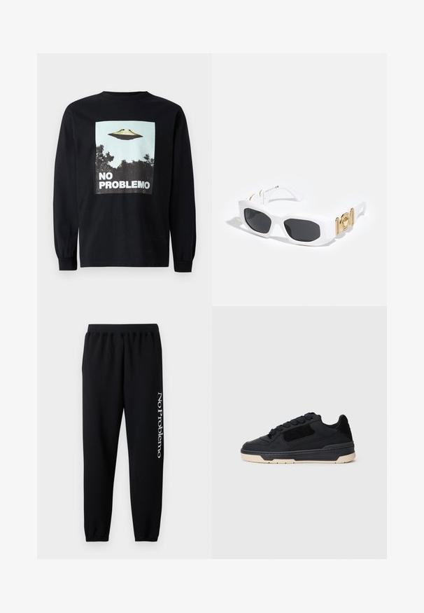 Mustassa pitkähihkaisessa t-paidassa on graafinen kuva lentävästä lautasesta puiden yllä ja teksti "NO PROBLEMO" paksuilla valkoisilla kirjaimilla.; Mustat verkkouikkarit, joissa on joustava vyötärö, kapenevat nilkat ja vasemmassa lahkeessa valkoinen "No Problemo" -teksti. Pehmeää puuvillakangasta.; Musta matalavartinen tennari, jossa on paksu beige pohja, mokkanahka- ja nahkapaneelit sekä pyöreät mustat nauhat, esitetty vasemman sivuprofiilin näkymässä.; Valkoiset aurinkolasit kulmikkailla kehyksillä, mustilla linsseillä ja kultaisilla medaalikoristeilla temppeleissä. Valmistettu muovista, jolla on sileä pinta.