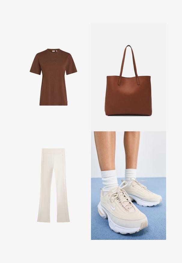 T-shirt en coton marron à manches courtes, col rond, avec un logo O'Neill subtilement brodé sur la poitrine. Texture lisse, coupe décontractée.; Pantalons évasés en crème, fabriqués en tissu doux. Dotés d'une taille haute et de détails de fermeture éclair sur les coutures. Texture lisse et uniforme.; Baskets de sport beiges avec une tige texturée, des lacets blancs et une épaisse semelle blanche. Le design présente des courbes subtiles et un petit logo.; Sac fourre-tout en cuir marron avec une texture lisse, design à ouverture supérieure et deux poignées pour le porter à l'épaule. Présente des coutures minimales et aucun matériel visible.