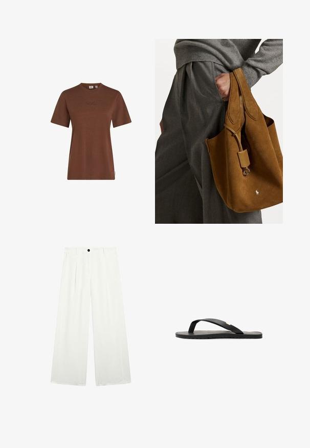 Bruine katoenen t-shirt met korte mouwen, ronde halslijn en subtiele O'Neill-loge geborduurd op de borst. Gladde textuur, casual pasvorm.; Wijd uitlopende broeken van witte stof, met een enkele zwarte knop bij de taille, twee frontzakken en een gladde, strakke textuur.; Zwarte flip-flop sandaal met een platte zool, zwarte textuur inlegzool, gladde bandjes en een kleine gouden accent bij de teenpost.; Bruine suède tote bag met een ronde vorm, dubbele handvatten en een metalen hardware accent. Heeft een klein logo aan de voorkant.