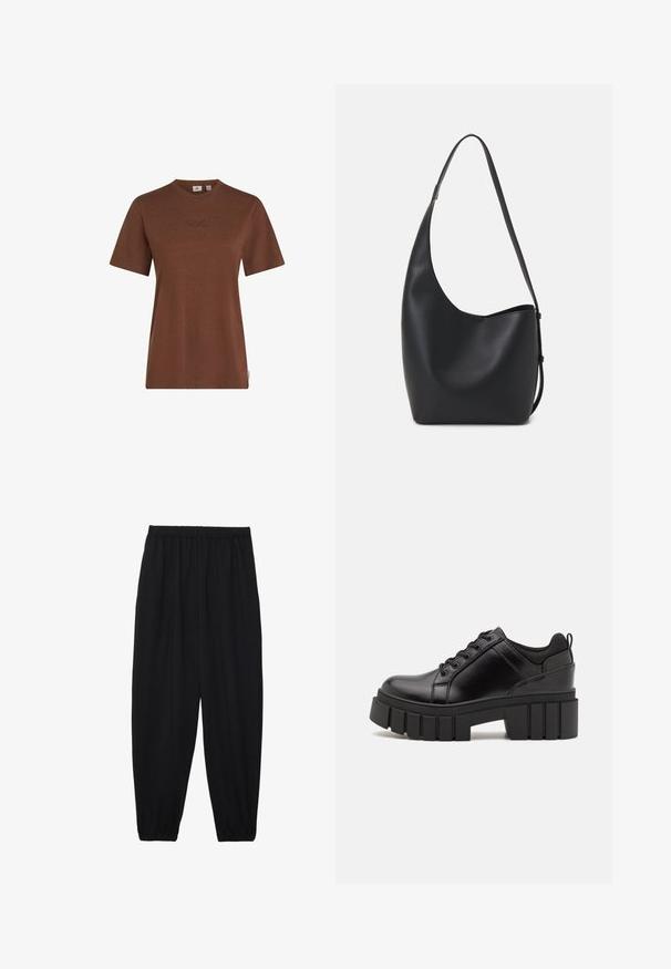 Brown cotton t-shirt with short sleeves, round neckline, and subtle O'Neill logo embroidered on the chest. Smooth texture, casual fit.; Black, lightweight pants with an elastic waistband and gathered ankles. The fabric is smooth and features a relaxed, tapered design.; Black leather platform shoes with a chunky block heel, round toe, and traditional lace-up design. Features smooth texture and minimal detailing.; Black leather hobo bag with a smooth texture, curved shape, and single adjustable strap; features a wide opening at the top.