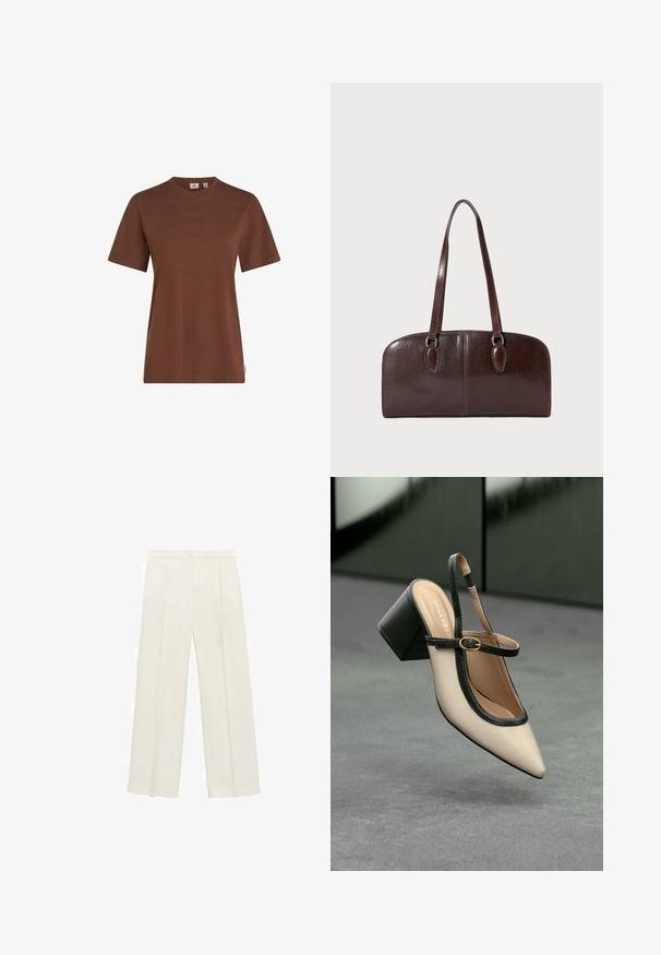Hnědý bavlněný tričko s krátkým rukávem, kulatým výstřihem a jemným logem O'Neill vyšitým na hrudi. Hladká textura, volný střih.; Kalhoty s širokými nohavicemi v světle krémové barvě. Vyrobené z hladké tkaniny s záhyby vpředu a bočními kapsami.; Beige boty s špičatou špičkou a otevřenou patou, černými detaily, zlatou přezkou a silným blokovým podpatkem, na šedé podlaze s tmavě zeleným pozadím.; Hnědá kožená kabelka s dvěma dlouhými uchy, strukturovaným obdélníkovým tvarem, hladkou texturou a zaoblenými hranami. Obsahuje dekorativní detaily na uších.